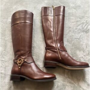 Michael Kors Fulton Harness Tall Riding Boots Mocha Leather Women’s 7M, New